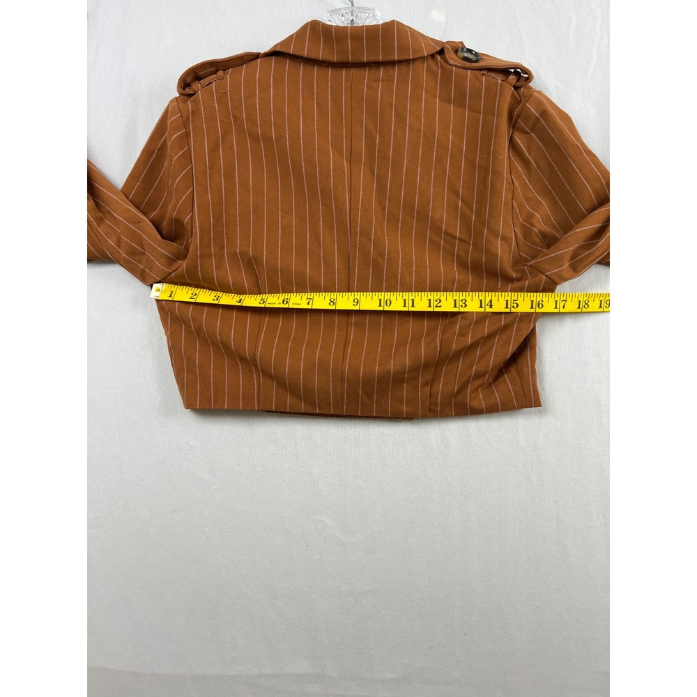 Fanco Cropped Blazer Women S Brown Pinstriped Double Breasted Epaulette Jacket - Picture 6 of 12